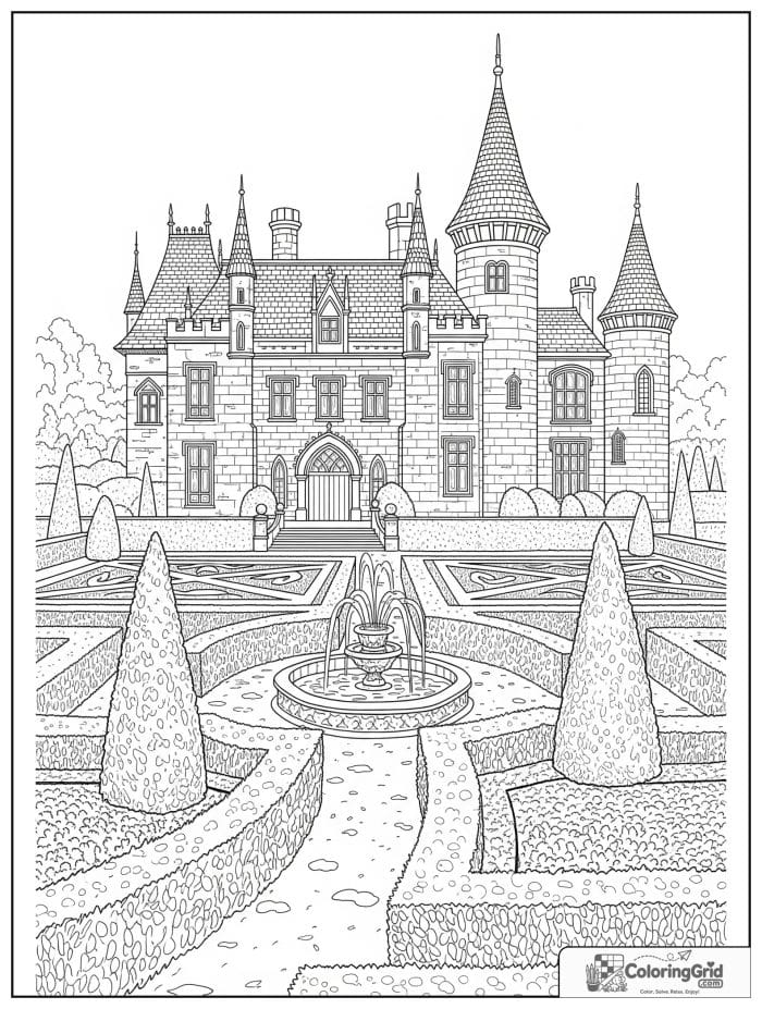 Castle coloring page featuring a castle with a hedge maze.