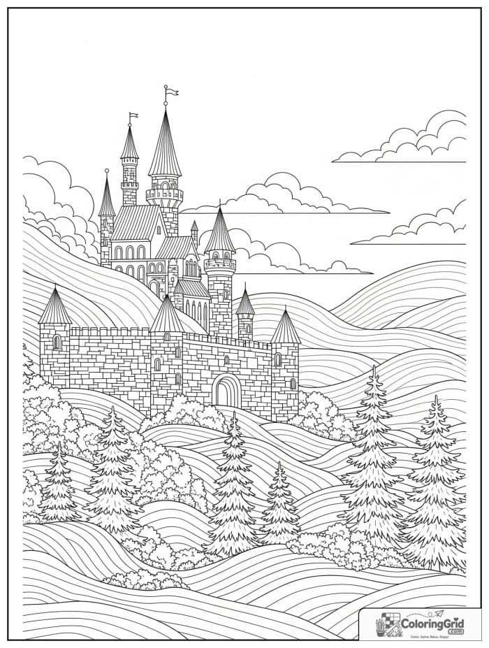 Castle coloring page featuring a castle hidden in mist.