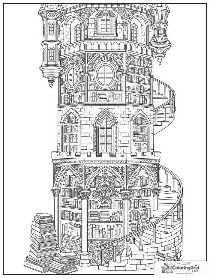 Castle coloring page featuring a castle library tower.