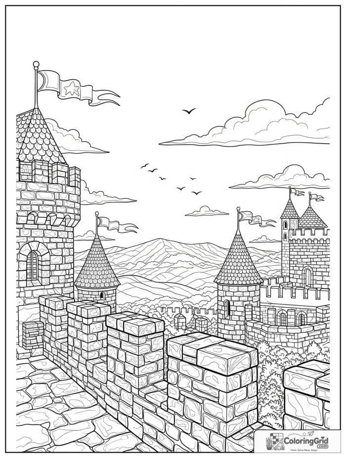 Castle coloring page featuring a view from castle ramparts.