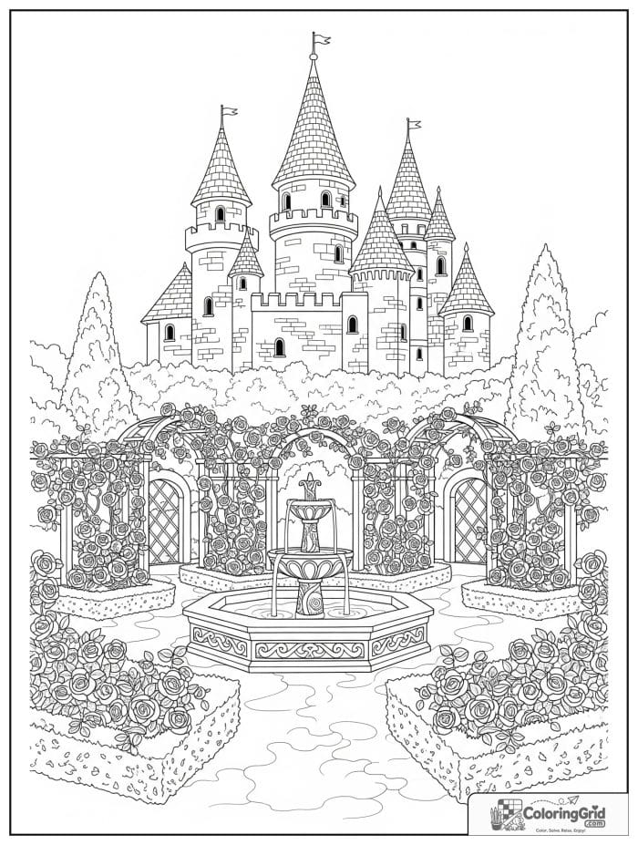 Castle coloring page featuring a rose garden beside a castle.