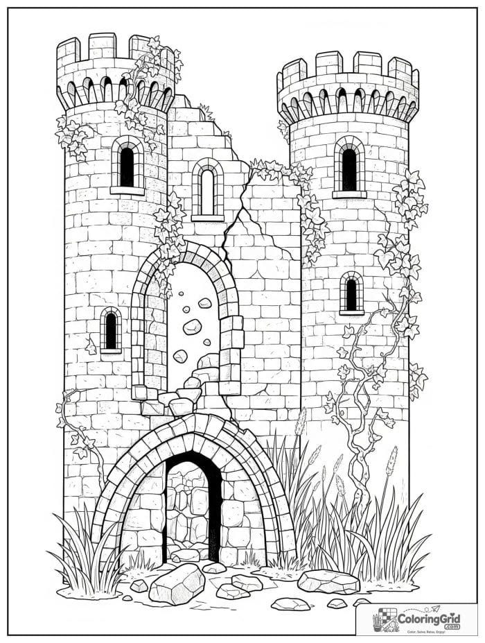 Castle coloring page featuring ancient ruins covered in ivy.