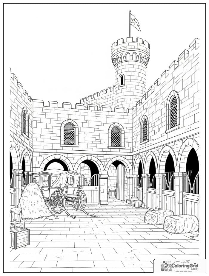 Castle coloring page featuring a stable courtyard at a castle.