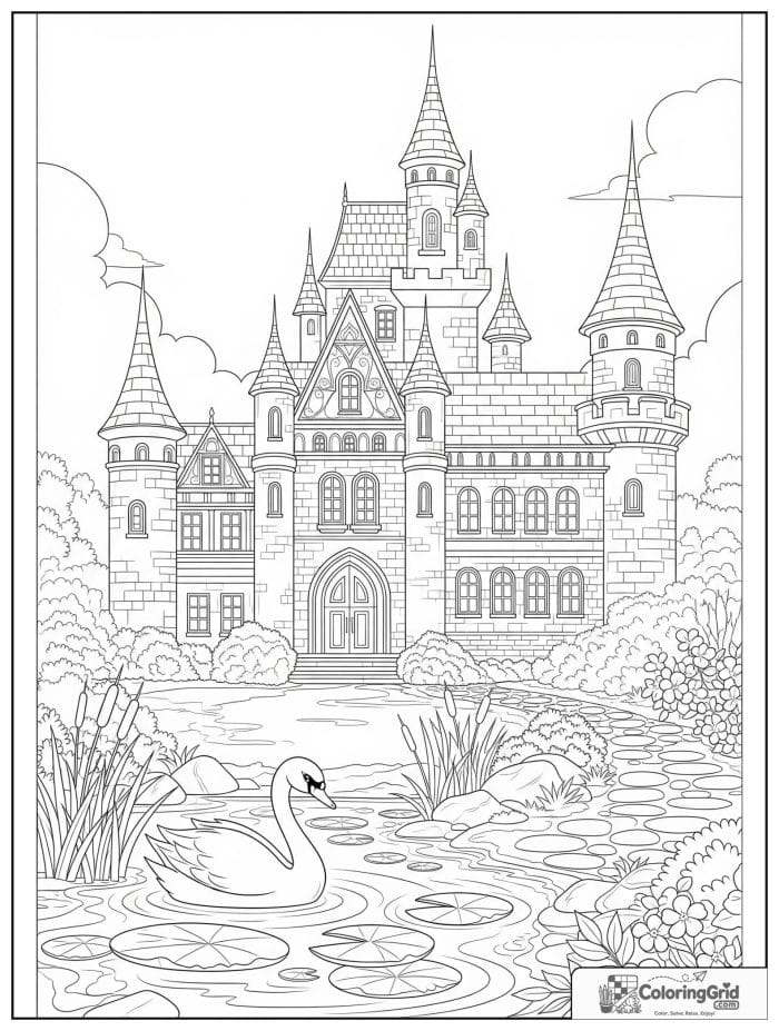 Castle coloring page featuring a swan pond in front of a castle.