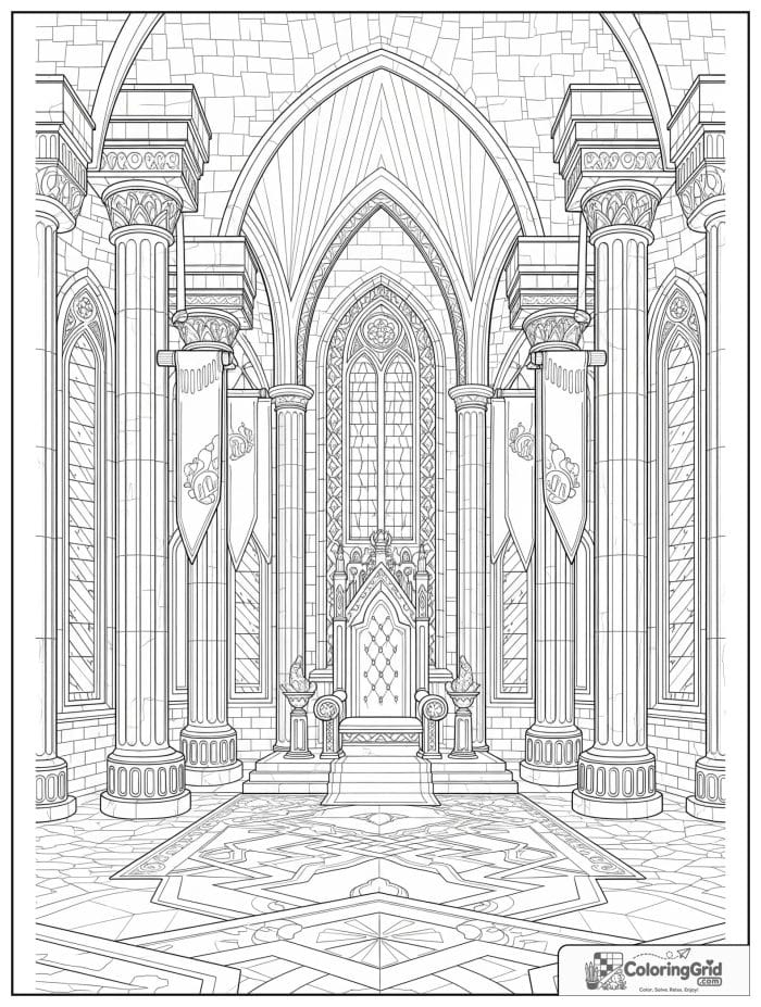 Castle coloring page featuring a grand throne hall.