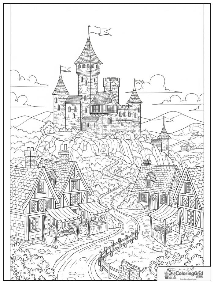 Castle coloring page featuring a castle above a village.