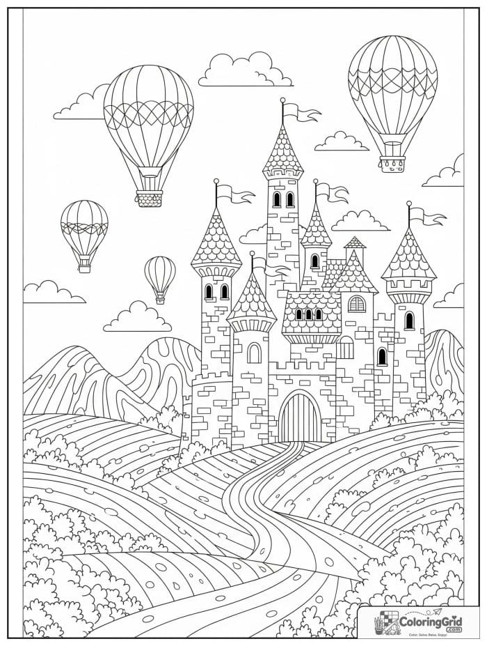 Castle coloring page featuring a castle with hot air balloons above it.