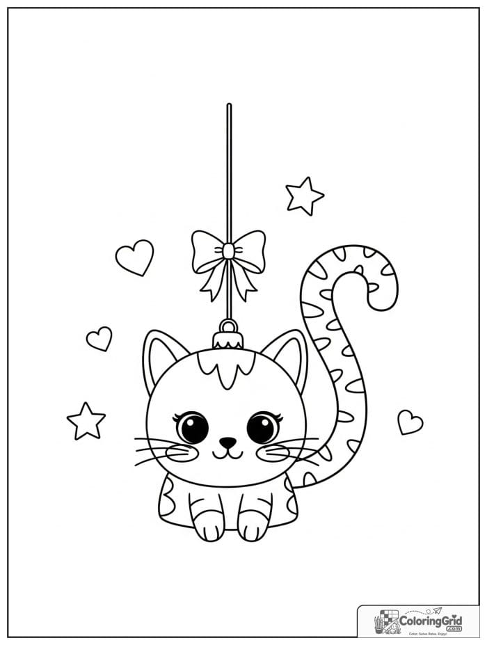 Cat Christmas ornament with curled tail and tiny bow.