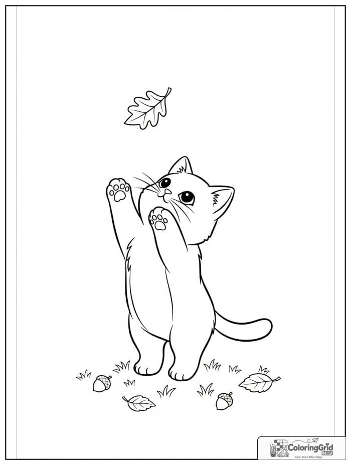 Autumn Leaves Coloring Pages featuring a cat playing with a falling leaf.