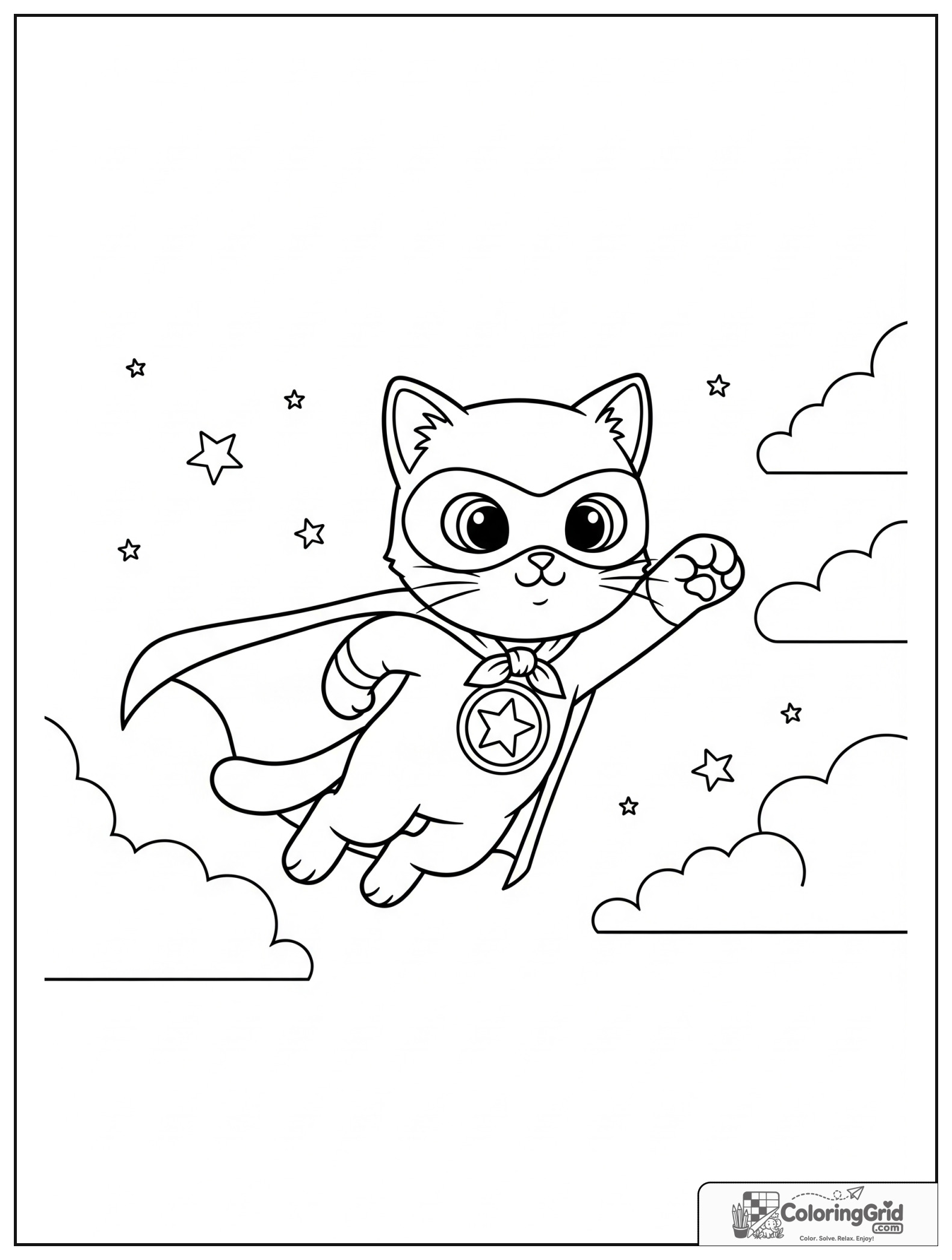 Cute cat superhero flying with small stars in the background.