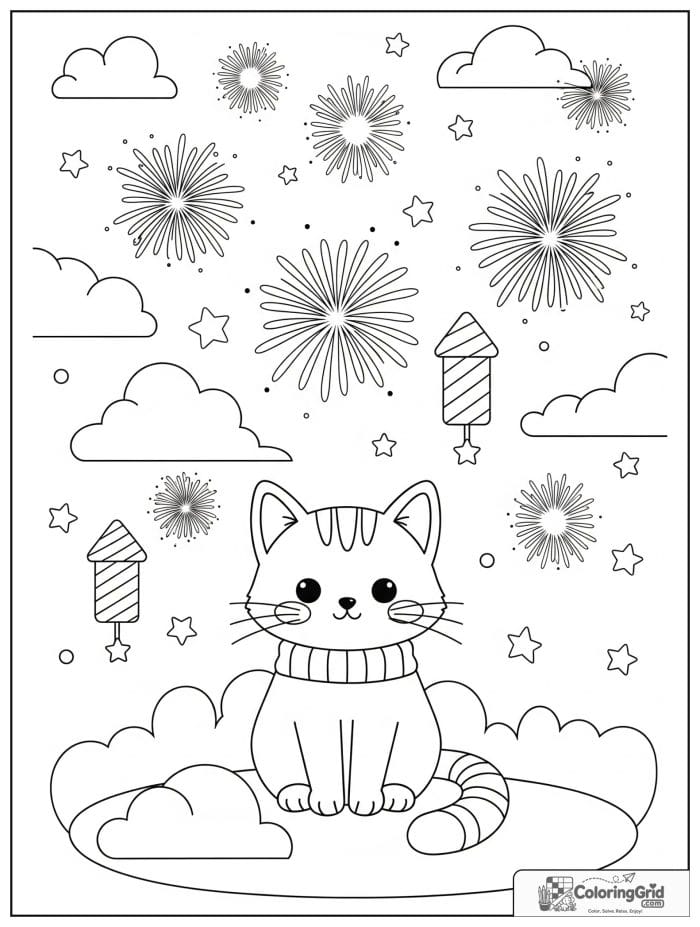 Cute cat sitting under a fireworks sky.