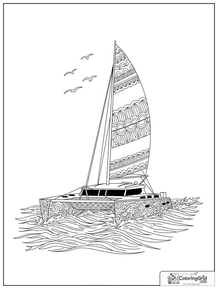 Boat coloring page featuring a catamaran with twin hulls.