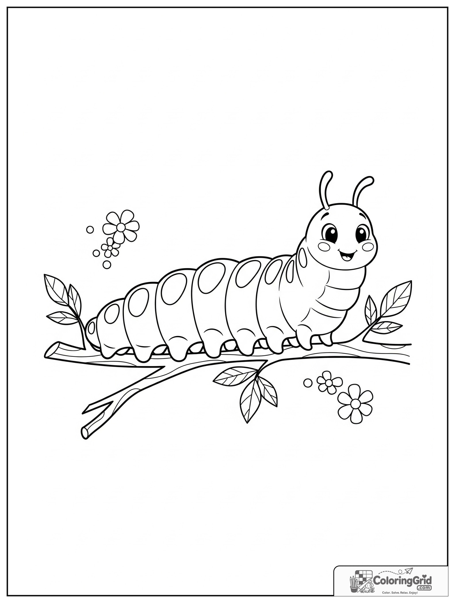 Cute caterpillar on a branch with small leaf and flower decorations.