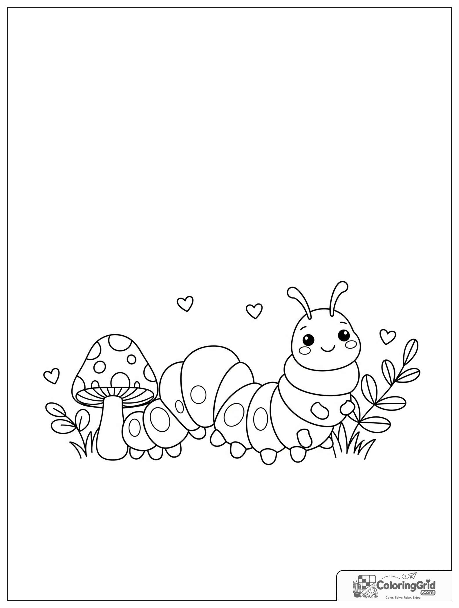 Cute caterpillar with a mushroom and small leaf decorations.