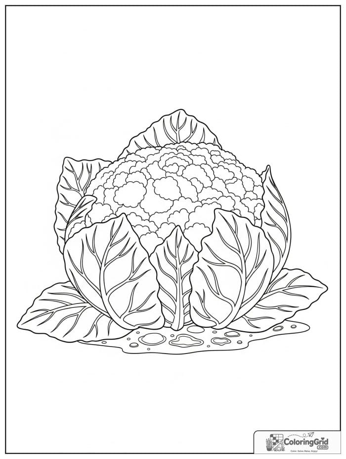 Vegetable coloring page featuring a cauliflower head with large leaves.