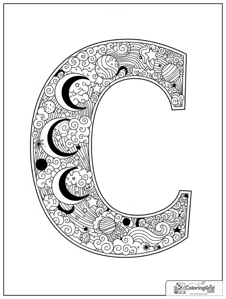 Celestial letter C adult alphabet coloring design with moon and stars