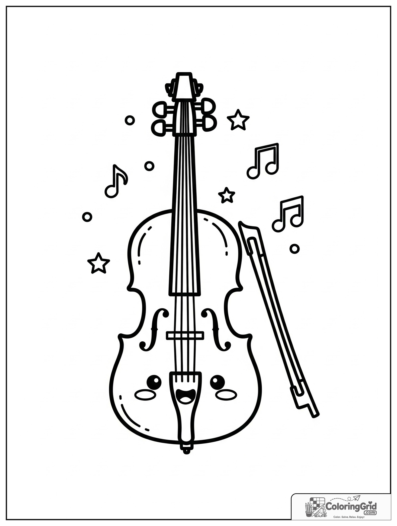 Cute smiling cello with small star and music note decorations.