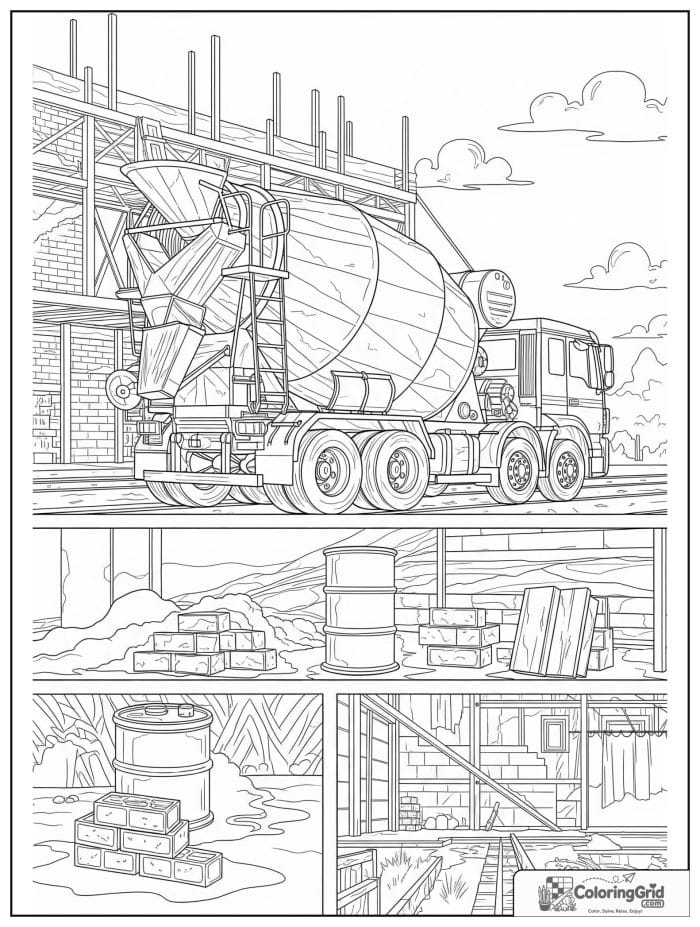 Truck coloring page featuring a cement mixer truck near a building zone.