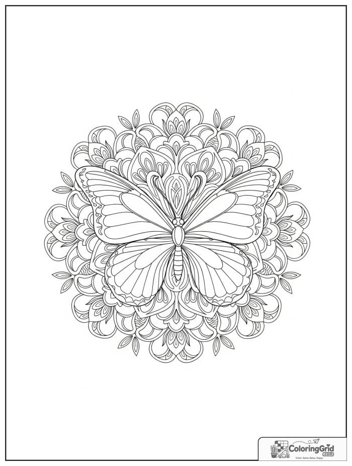 Butterfly Mandala Coloring Pages with a centered butterfly inside a floral mandala.