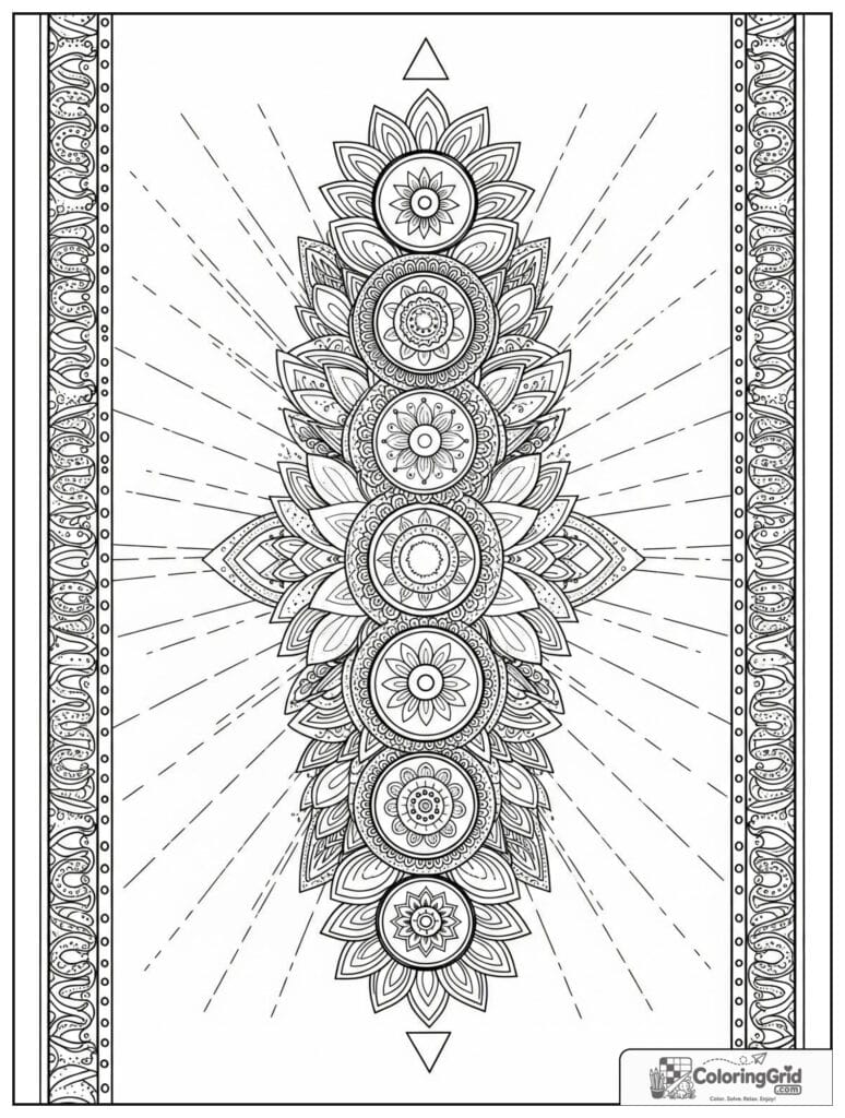 Seven-symbol sacred geometry mandala with lotus rings and zentangle doodles