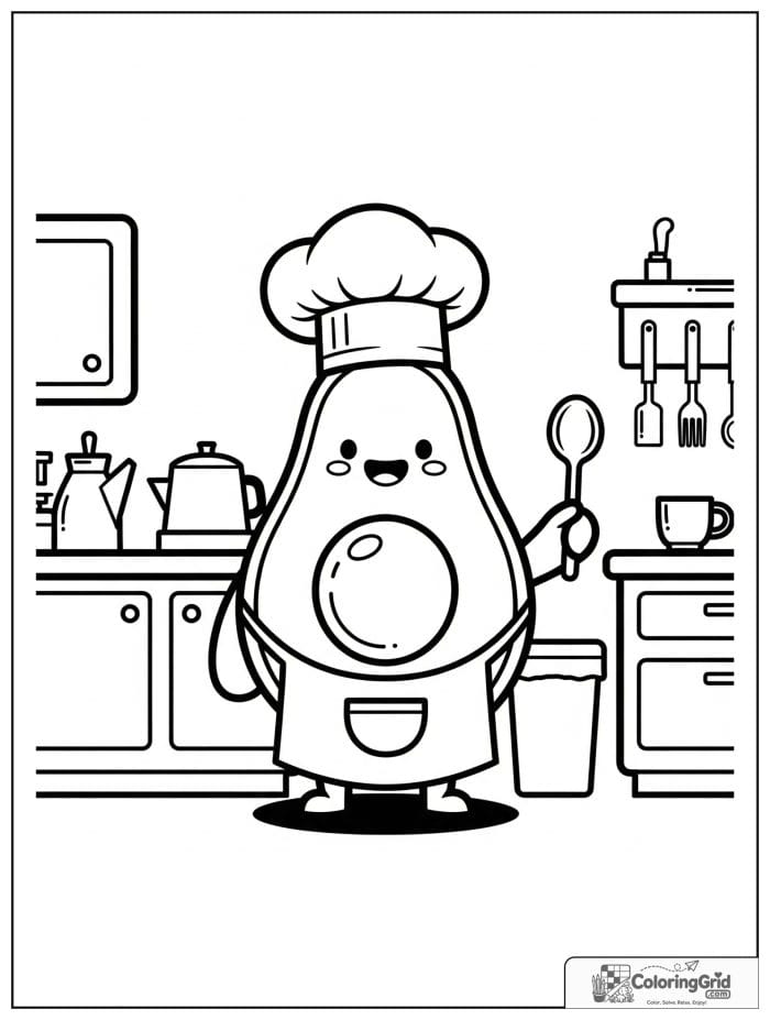 Chef avocado in kitchen for avocado coloring pages