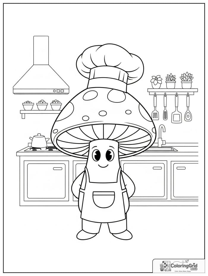 Chef mushroom character black and white illustration