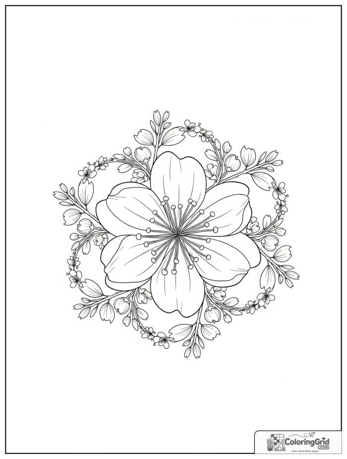 Flower mandala with cherry blossom petals and soft floral rings.