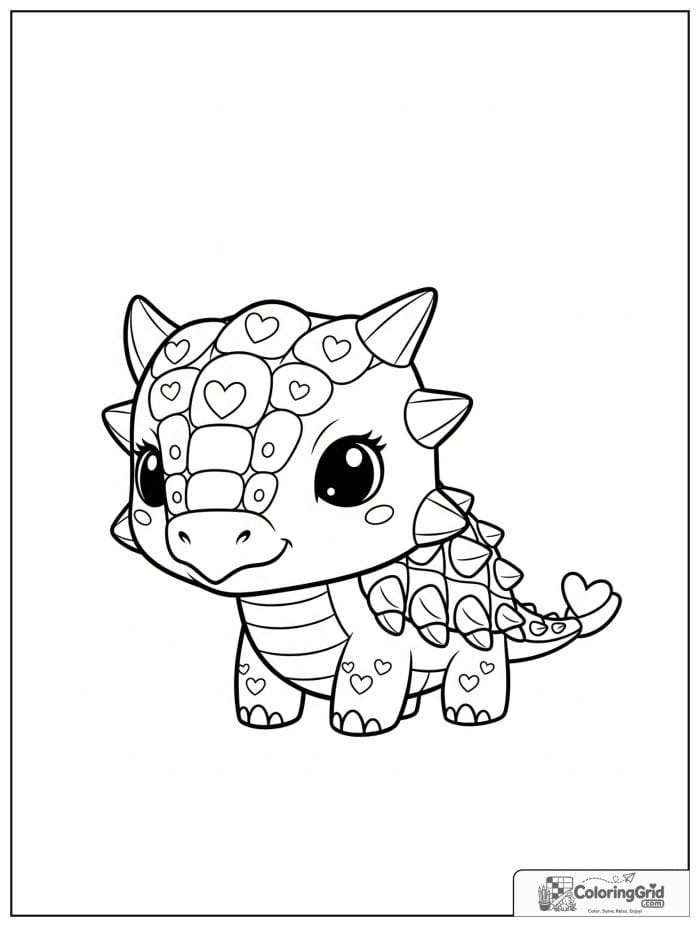 Ankylosaurus coloring page featuring a chibi ankylosaurus with heart accents.