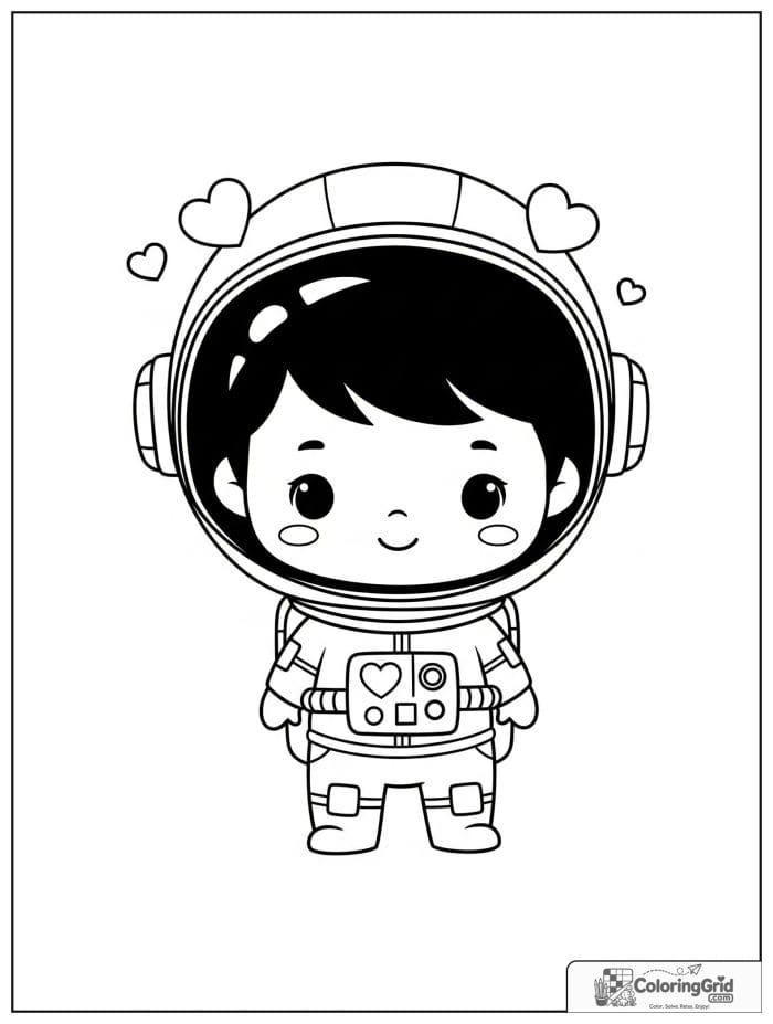 Chibi boy astronaut with heart accents and a smile.