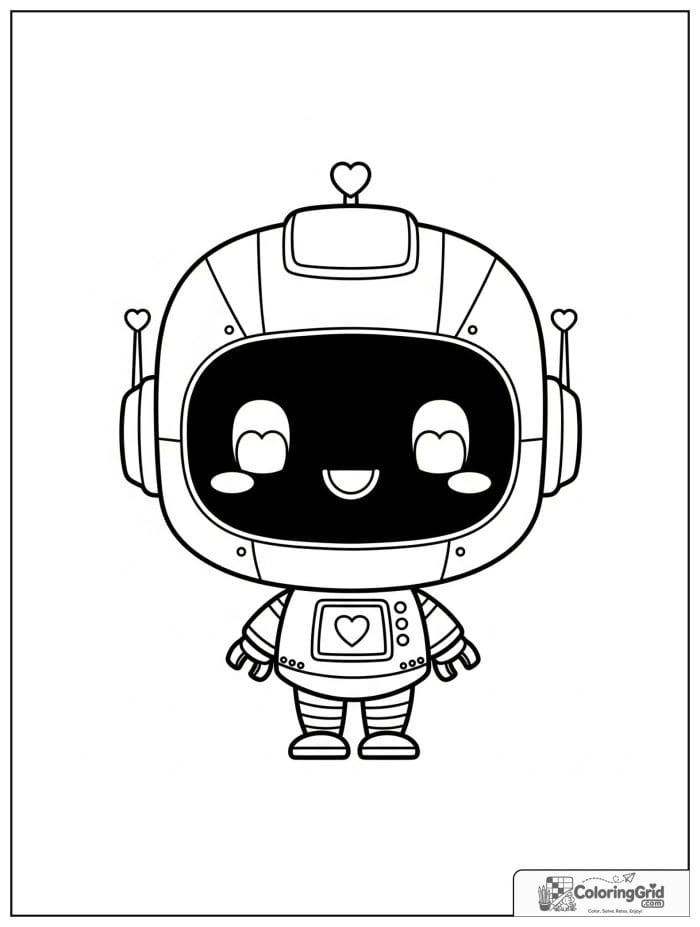 Chibi robot with heart accents and a sweet smile.