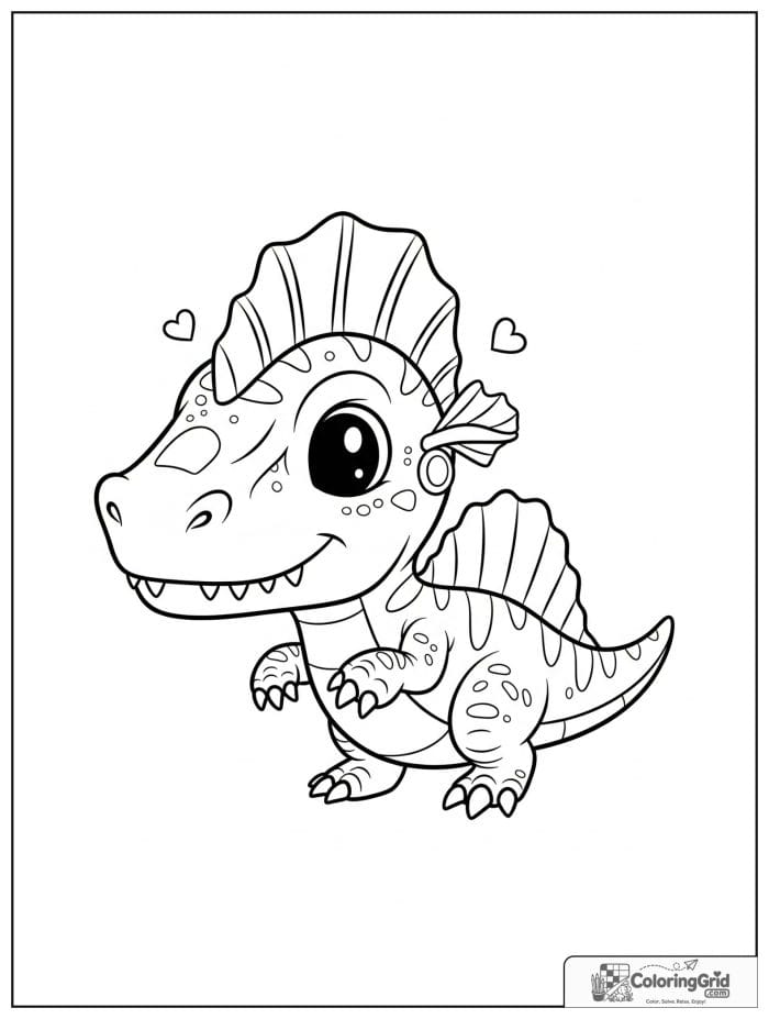 Chibi spinosaurus with tiny body, small sail, and heart accents.