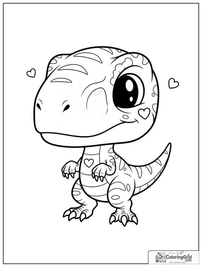 Velociraptor coloring page featuring a chibi velociraptor with heart accents.