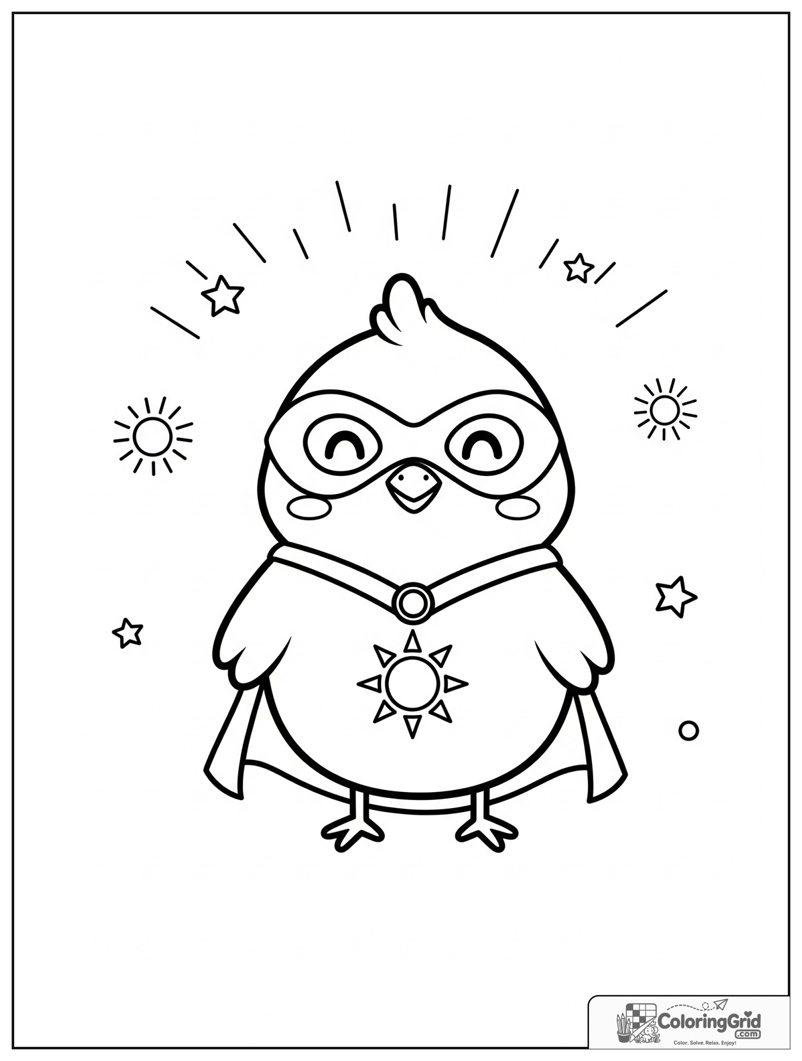 Cute chick superhero with a sun emblem and small sunray details.