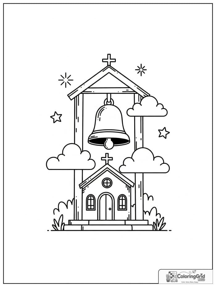 Church bell hanging in a simple tower.