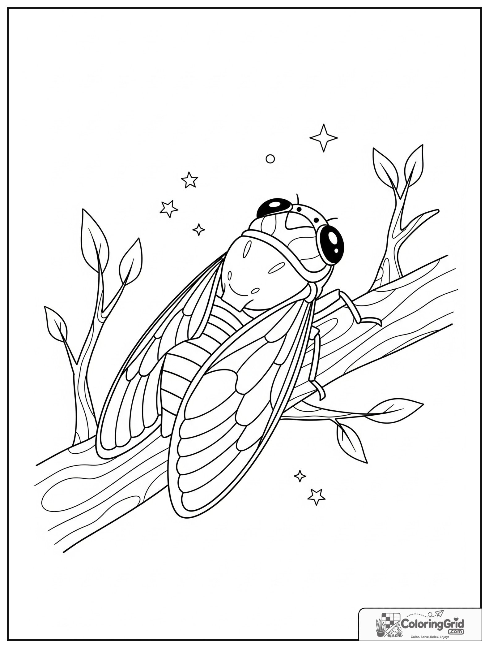 Cute cicada on a tree branch with small leaf decorations.