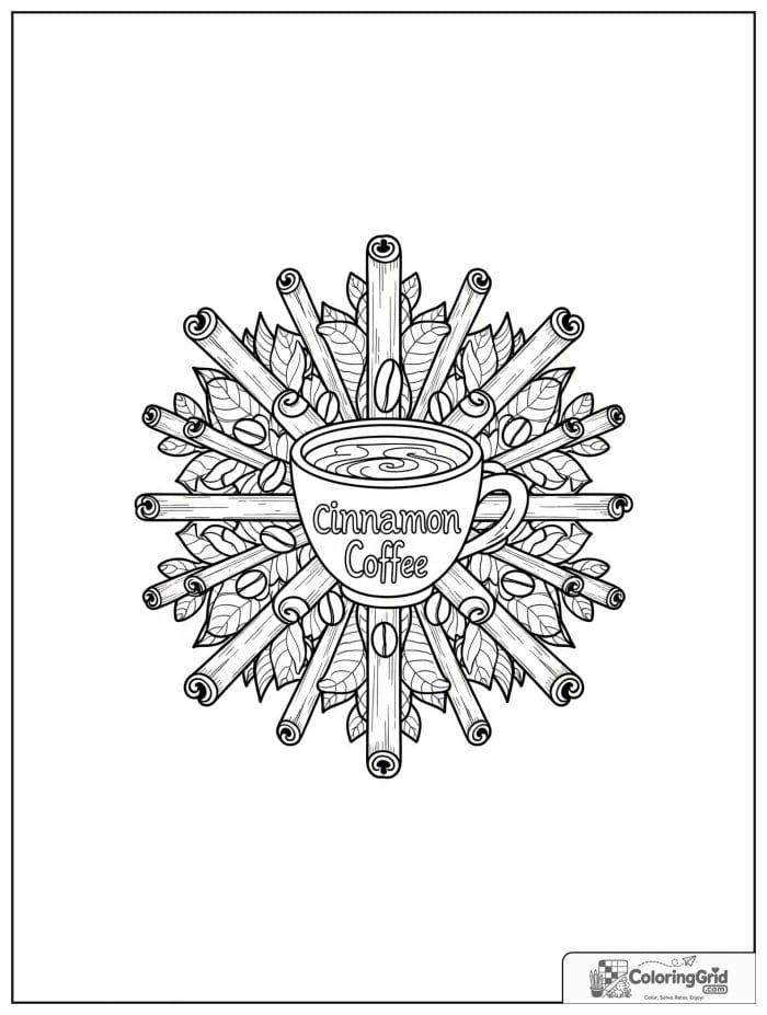 Cinnamon coffee mandala with bean details and curved leaves.