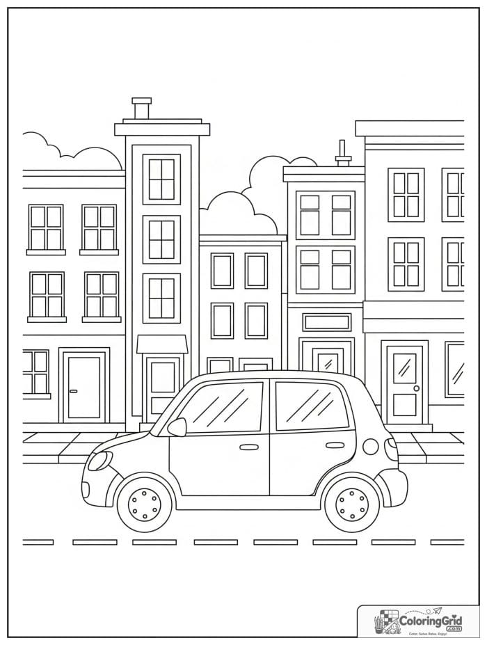 City car with buildings in black and white artwork