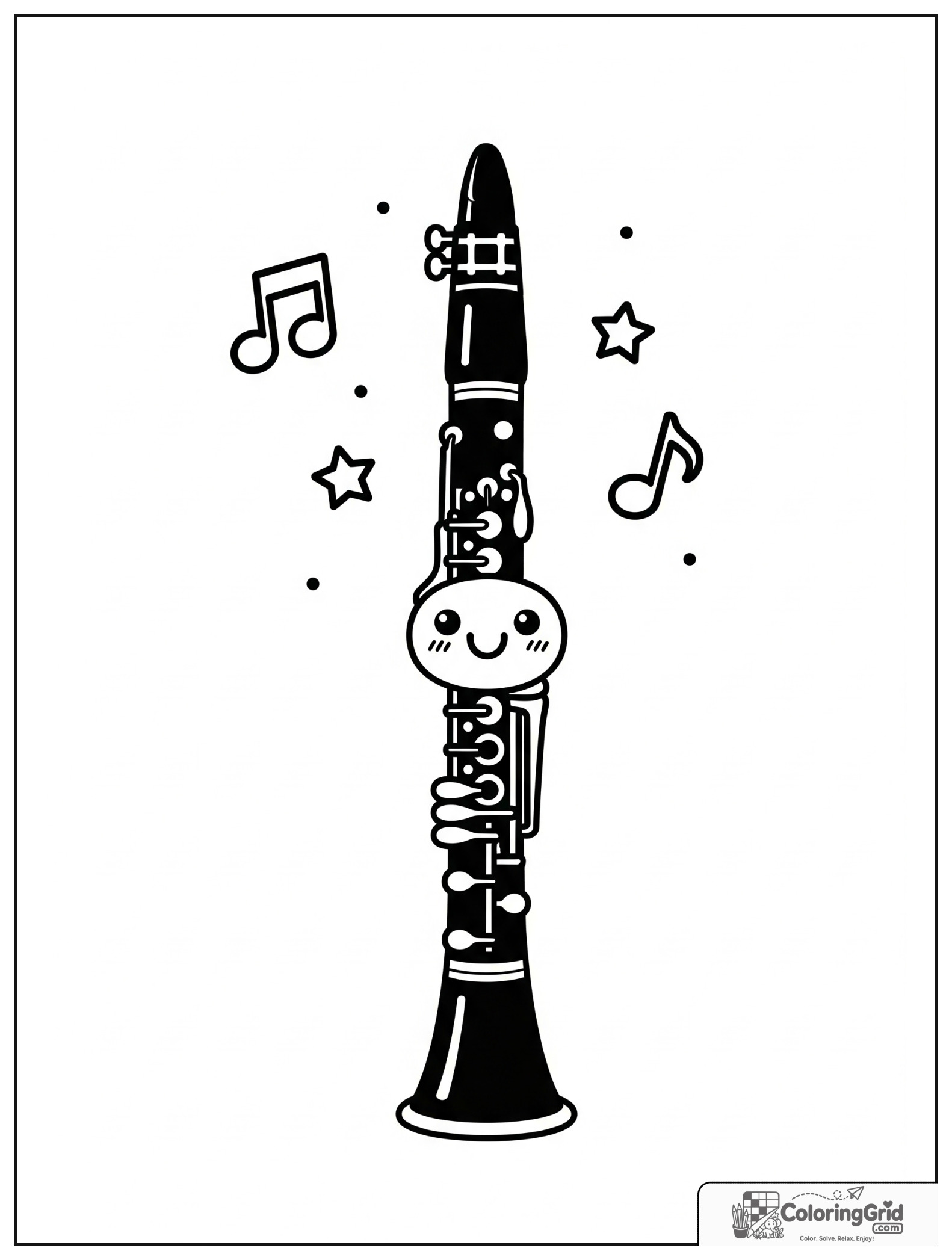 Cute smiling clarinet with small music note and star decorations.
