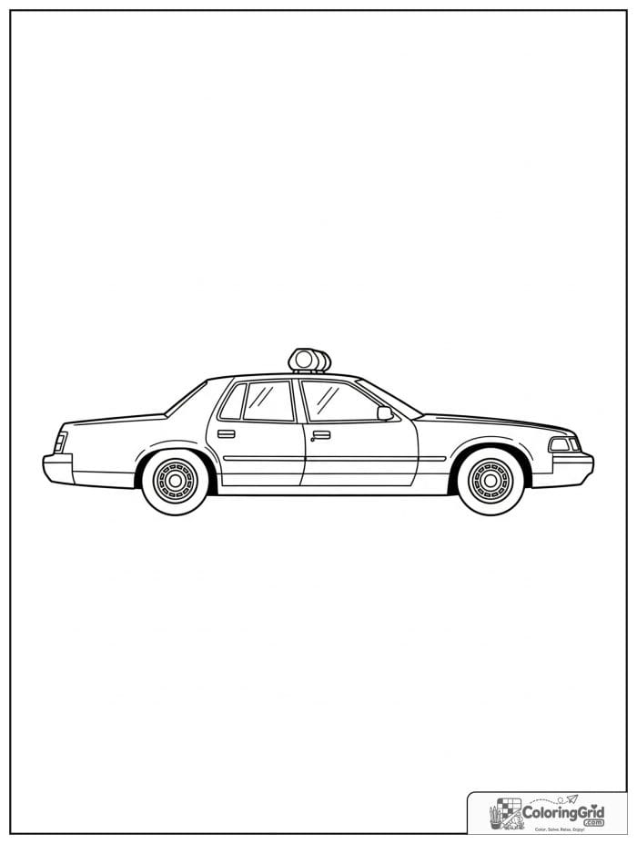 Classic police car side view in black and white line art