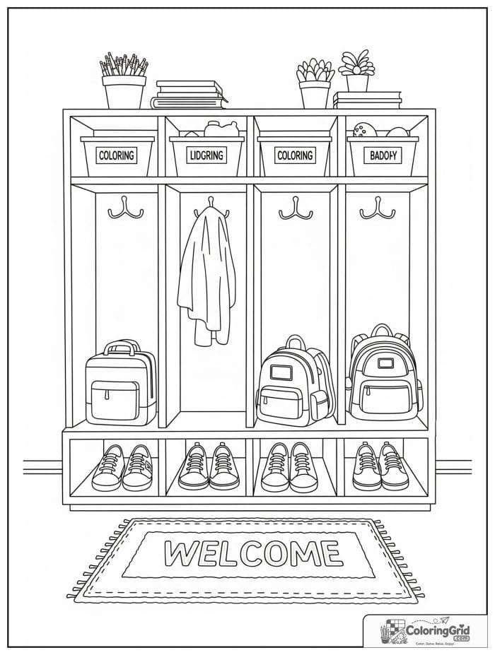 Back to school coloring page featuring classroom cubby storage.