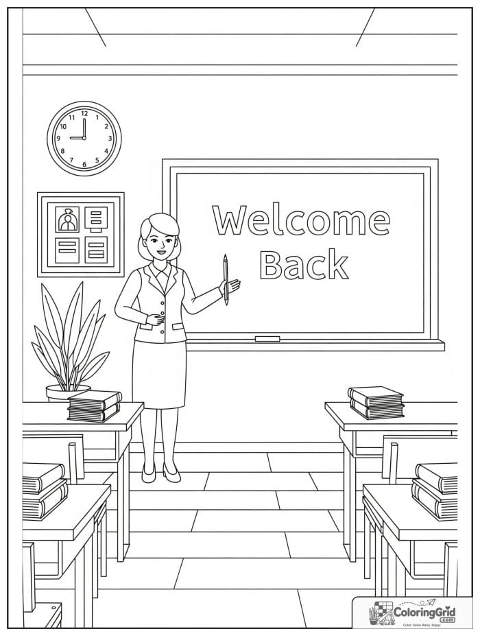 Back to school coloring page featuring a classroom welcome board.