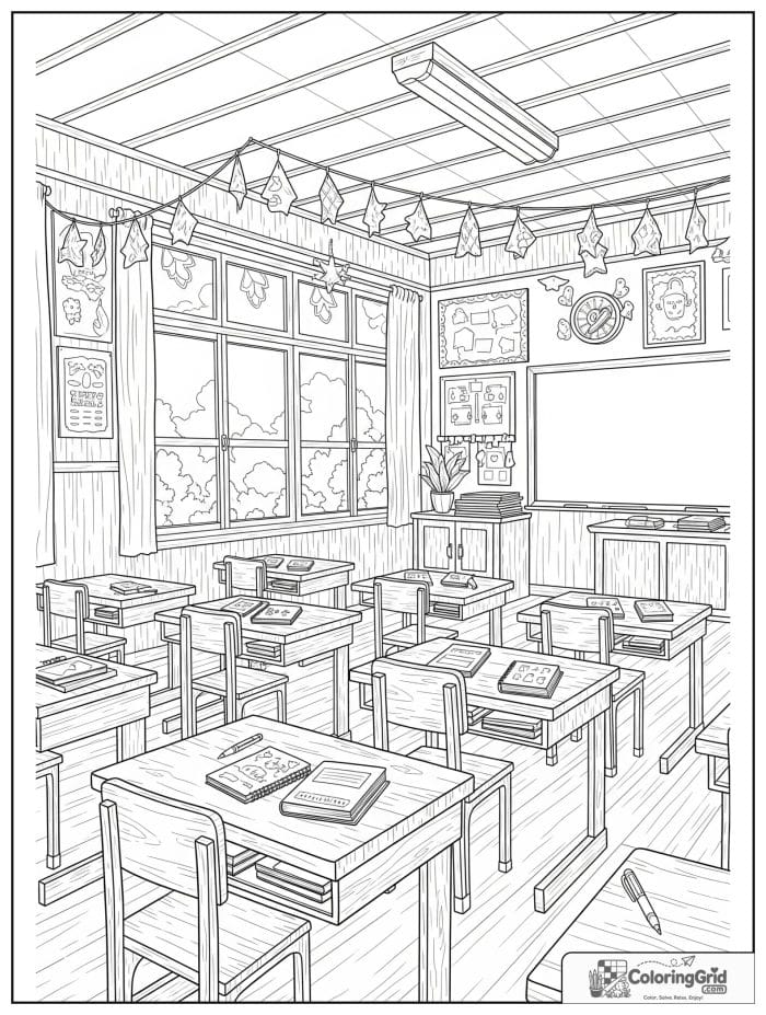 Back to school coloring page featuring desks inside a classroom.