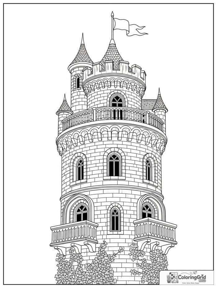 Castle coloring page featuring a close-up view of a castle tower.