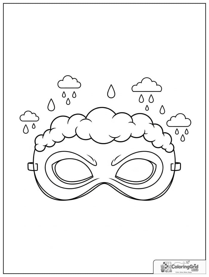 Cute superhero mask with cloud shapes and small raindrop details.