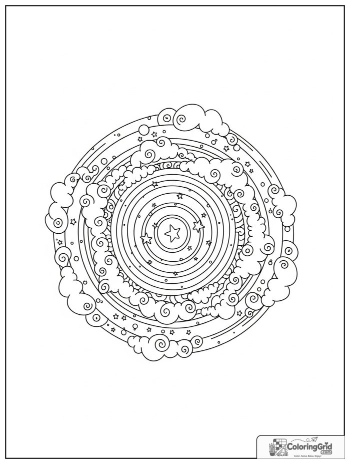 Relaxing cloud and star mandala with sky bands and swirls.