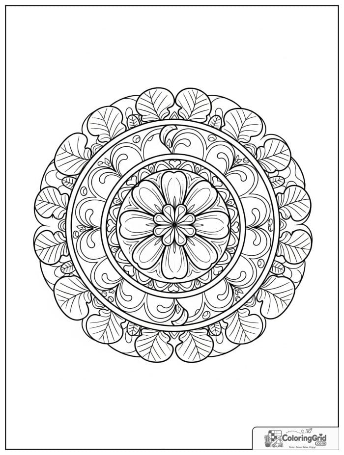 Mandala coloring page featuring clover circle motifs.