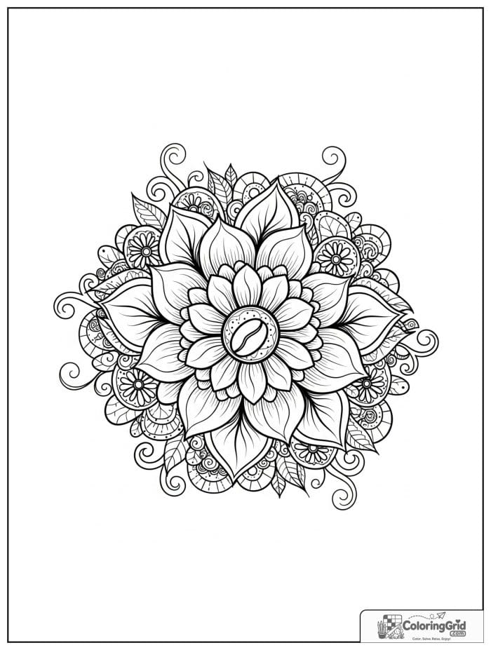 Coffee bean bloom mandala with floral circles and dotted halos.