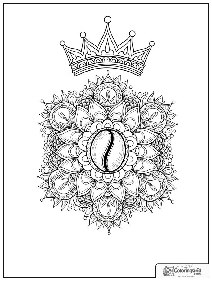 Coffee bean crown mandala with ornate petals and dot halos.
