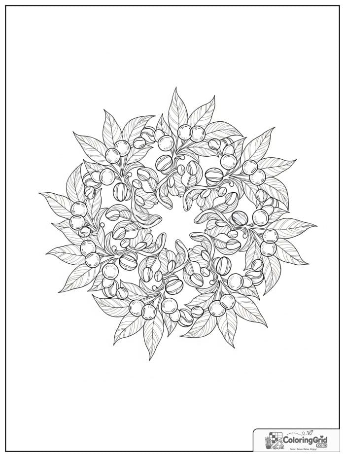 Coffee branch floral mandala with cherries, leaves, and bean centers.