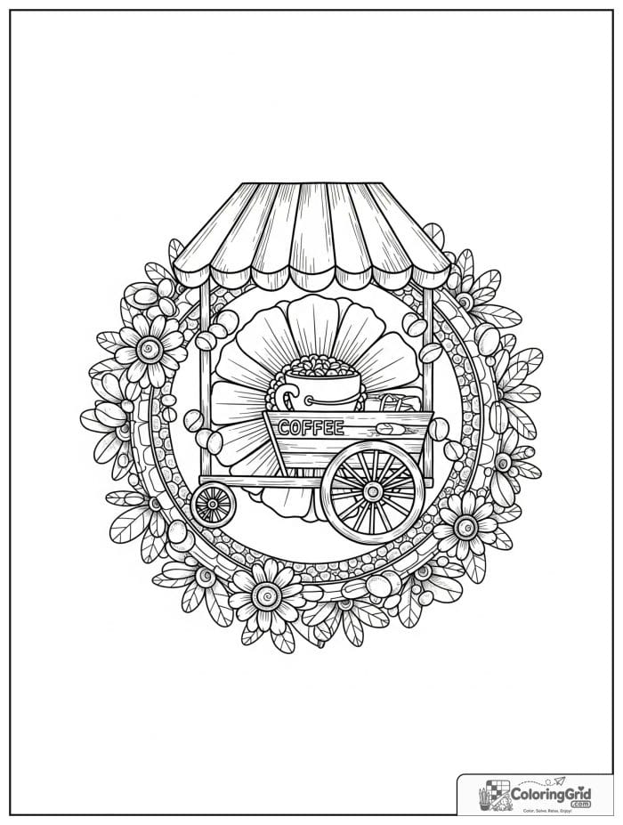 Coffee cart flower mandala with floral wheel rings and awning scallops.
